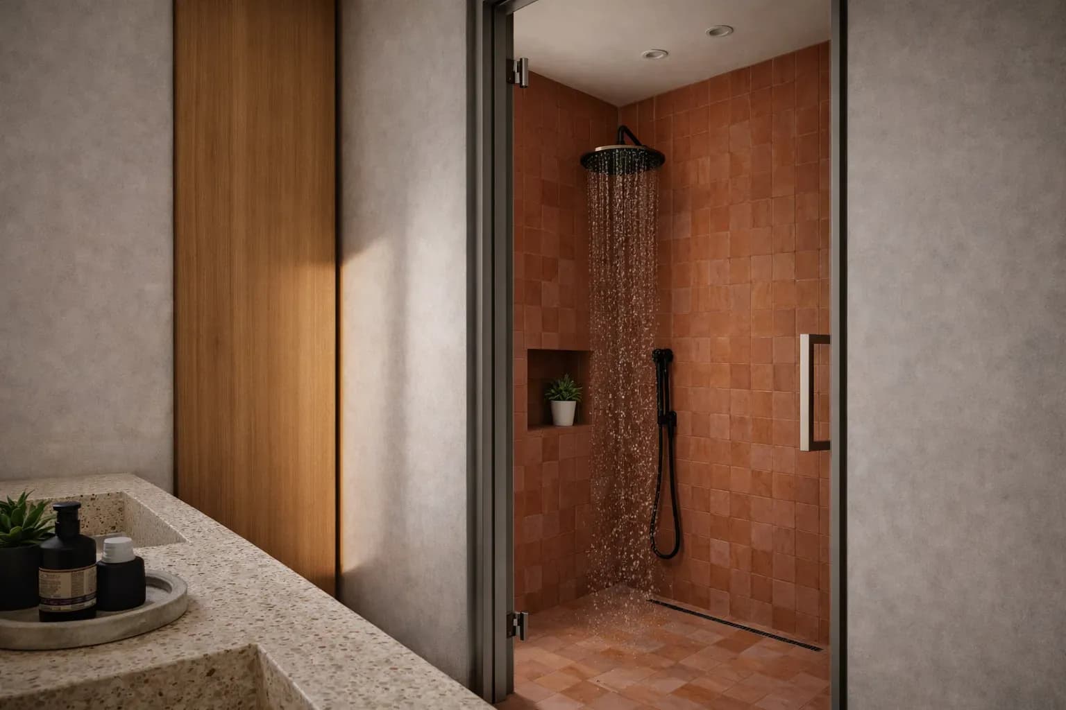 Villa B.A, perspective 3D de la douche en carreaux de terre cuite