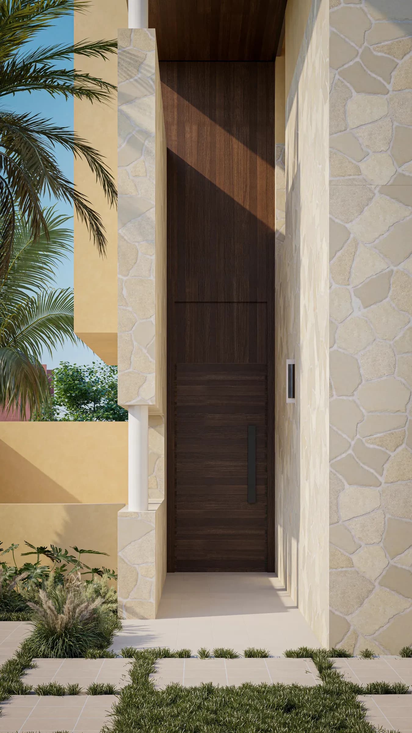 Villa Corner, perspective 3D de la porte d'entrée en bois et du parement en pierre