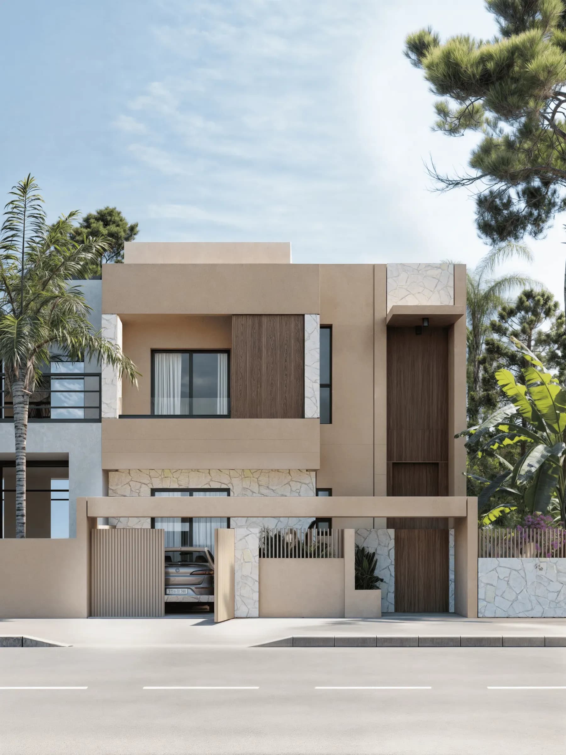 Villa LDSL à Marrakech, perspective 3D de la façade en enduit beige, bois et pierre
