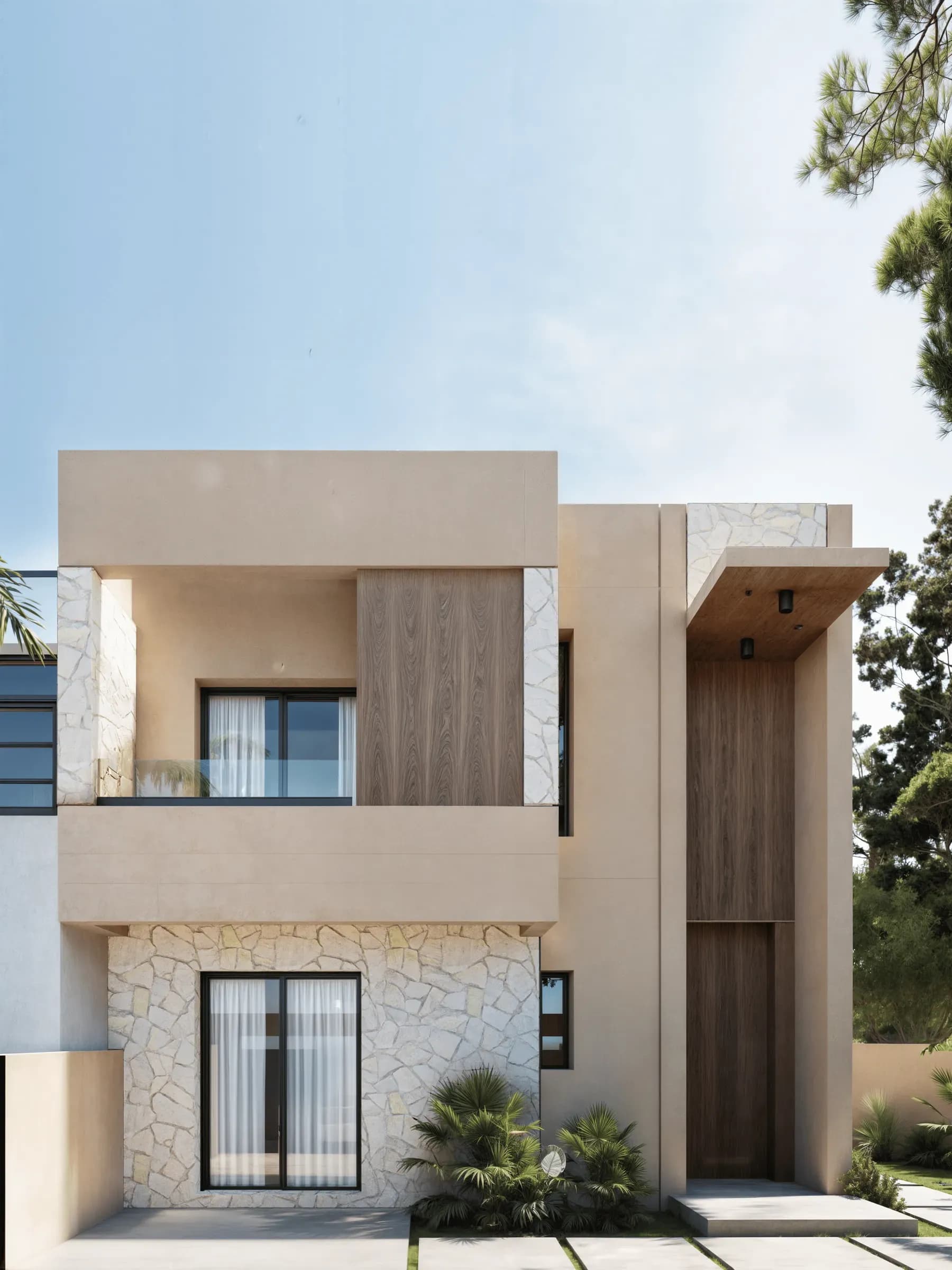 Villa LDSL, perspective 3D du balcon et du bardage bois