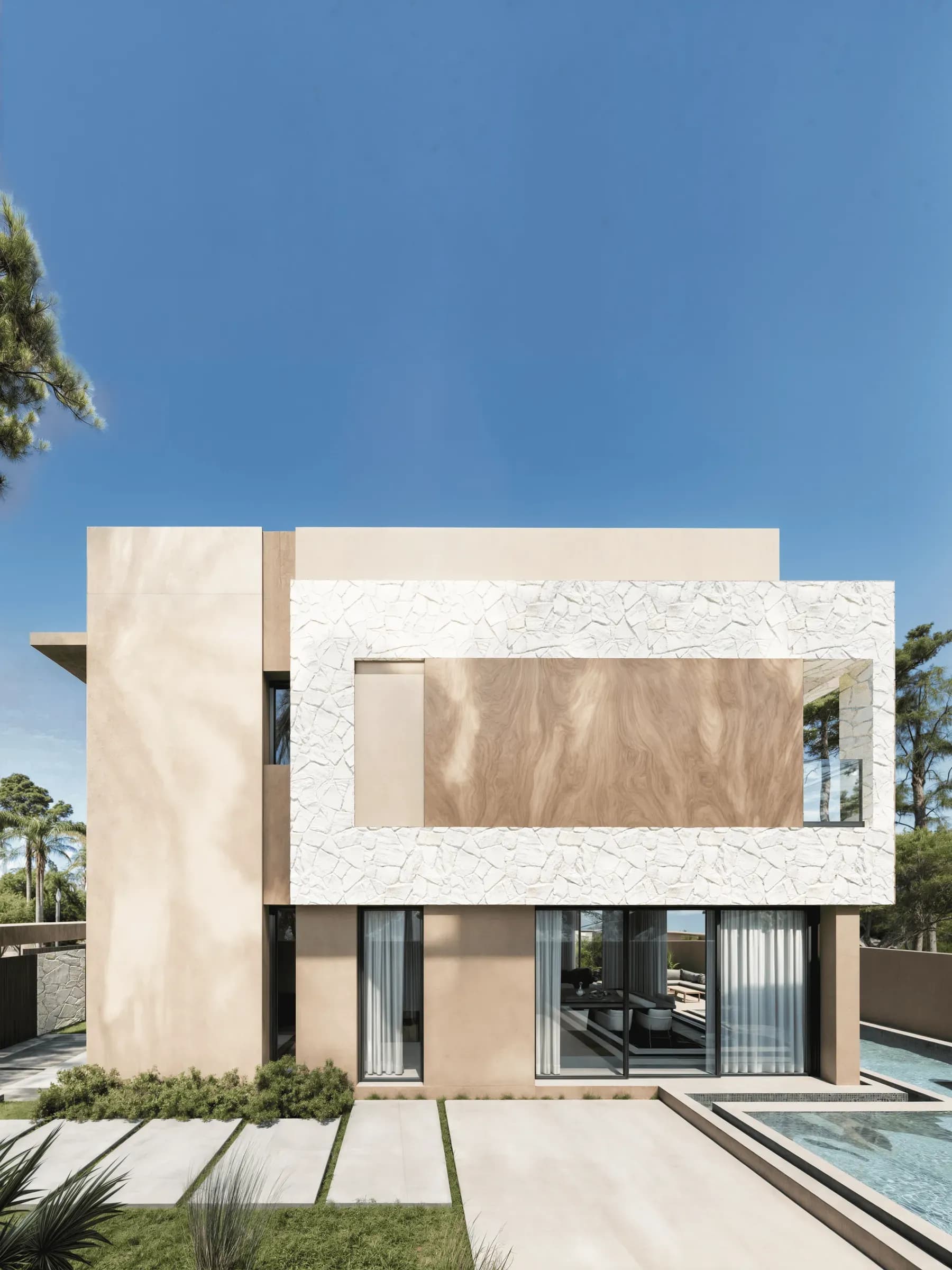 Villa LDSL, perspective 3D du cadre en pierre blanche sur la façade