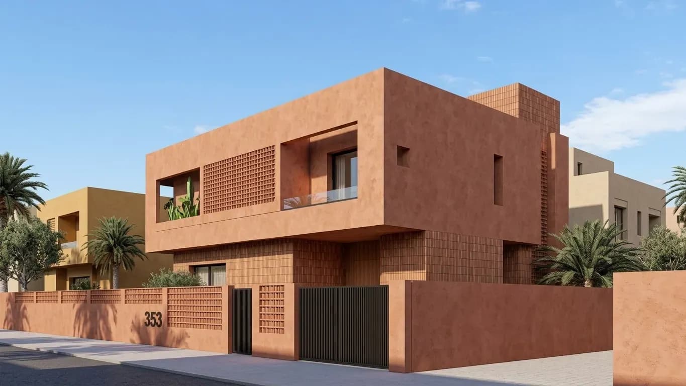 Villa M.O à Marrakech, perspective 3D de la façade en enduit ocre et claustras