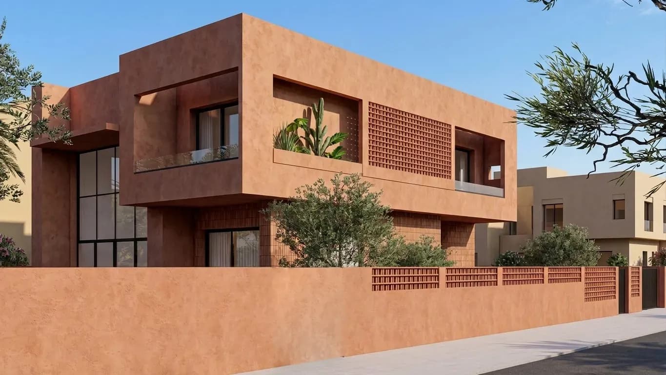 Villa M.O, perspective 3D des loggias et du claustra en terre cuite à l'étage