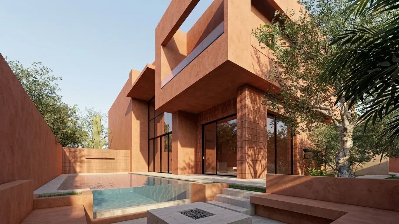 Villa M.O, perspective 3D du patio avec bassin