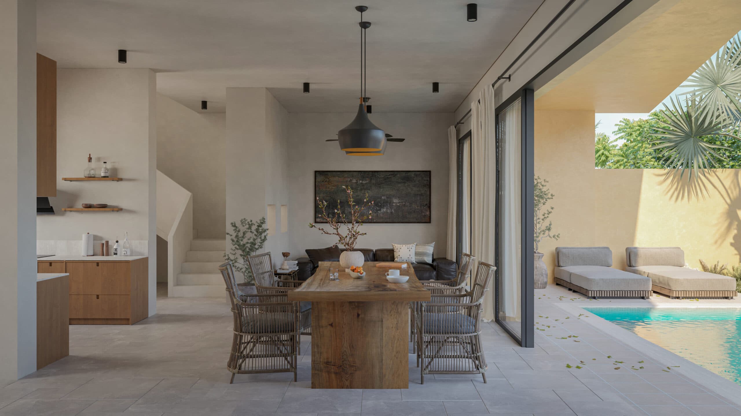 Salon et salle à manger modernes avec table en bois, chaises en osier et sièges confortables. De grandes portes vitrées s'ouvrent sur un patio avec des chaises longues et une piscine, entourée de murs clairs et de verdure.