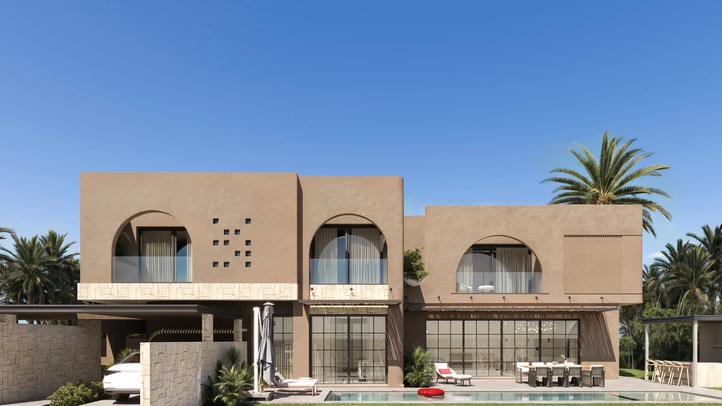 Villa B.A à Marrakech, perspective 3D de la façade principale sud et de la piscine