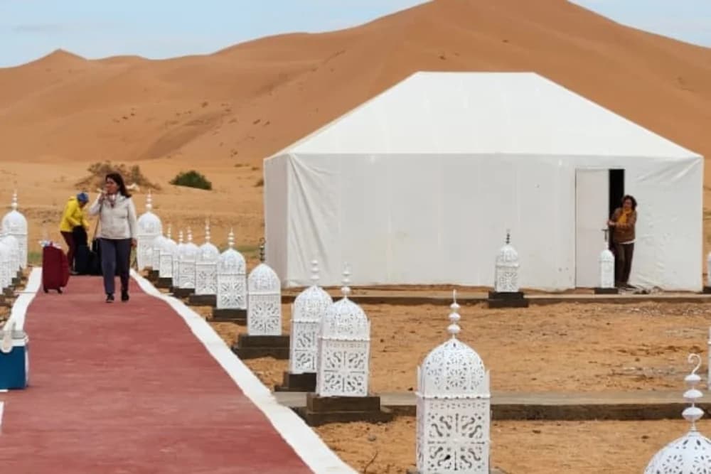 Bivac de Lujo en Merzouga – Paseo en Camello + Cena y Espectáculo + Baño Privado + Sandboard Gratis