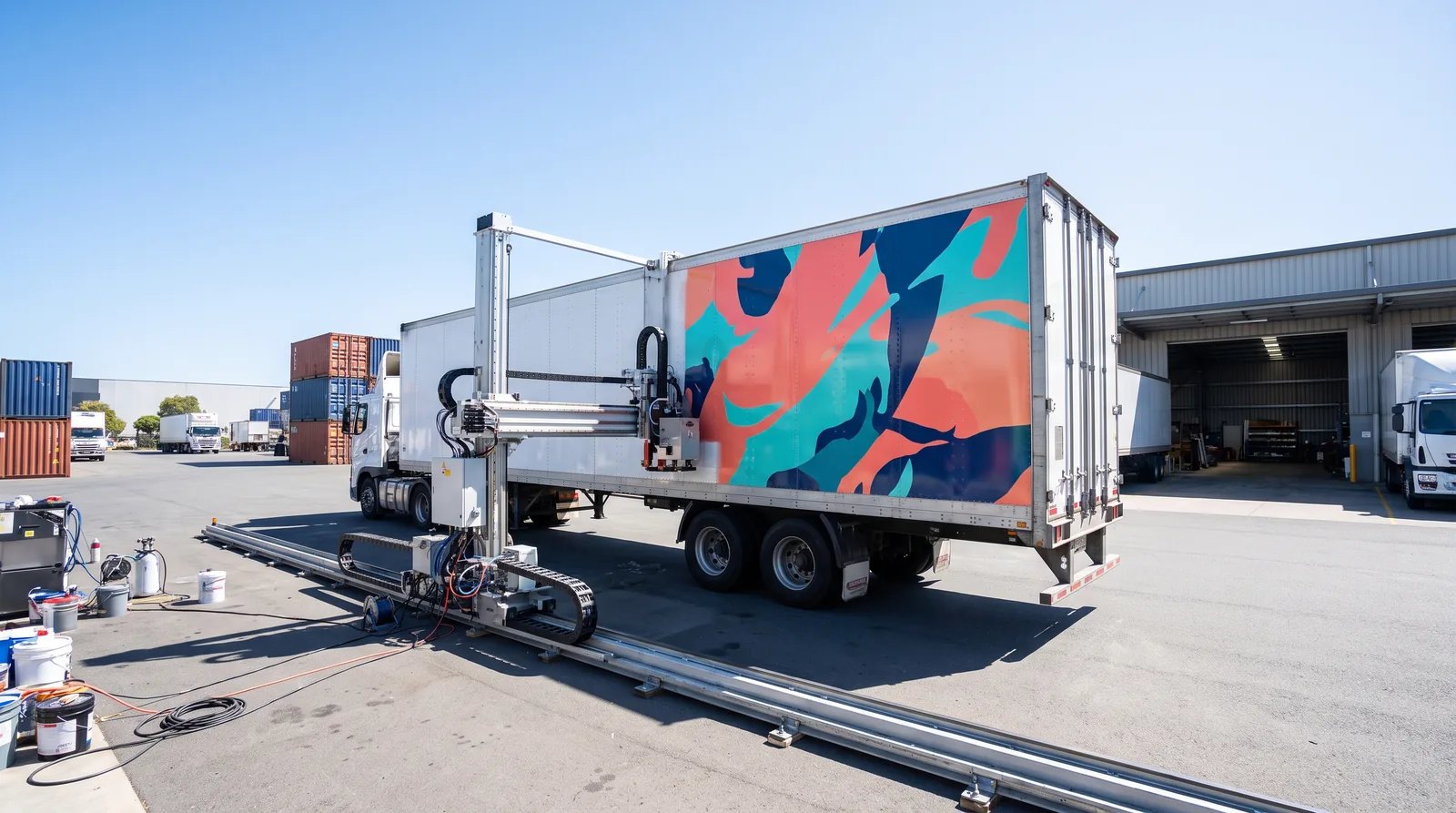 Imprimante robotisée MurTech UV imprimant directement sur la carrosserie d'un camion de marchandises