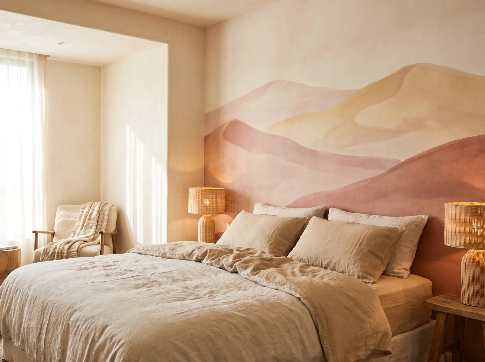 Fresque dunes imprimée derrière la tête de lit d’une suite d’hôtel